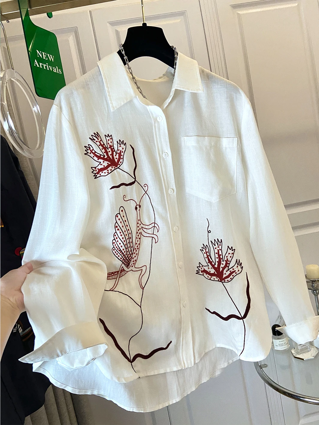 

Elegant Embroidered Casual Mom Shirt plus Size Versatile Midlife Summer New Arrival Breathable Polyester Fiber Long Sleeve Po...