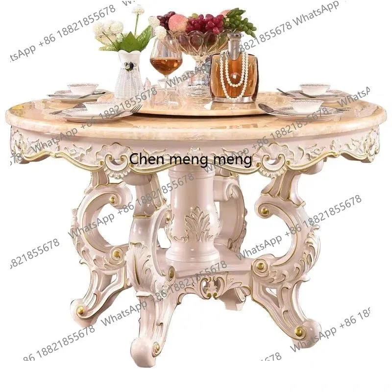 

RH European marble full solid wood carving flower home dining table with turntable modern simple dining table and chairs