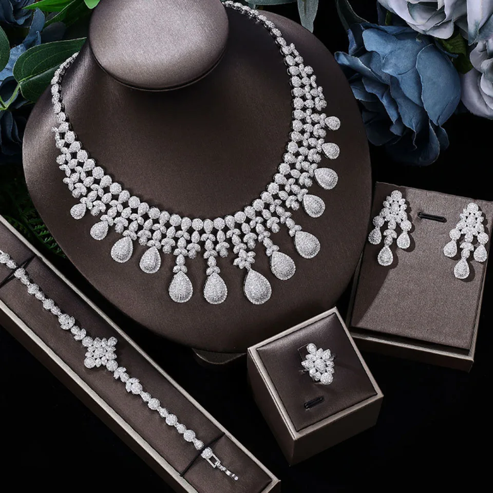 

Zlxgirl Luxury Brand Rhodium Silver Zircon Wedding Necklace Earring bracelet Ears sets Best Women's African Beads Jewellery gift