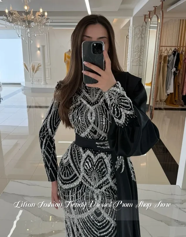 Vestido de noche negro de retales de lujo personalizado, vestido de compromiso con cuentas de manga larga, apliques de cristal, vestido para ocasión Formal