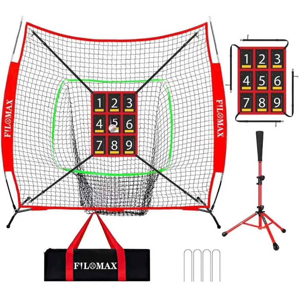 

7x7t Baseball & Sotball Practice Net with Numbered Strike Zone & Batting Tee - Heavy Duty Portable Hitting Pitching Training Net