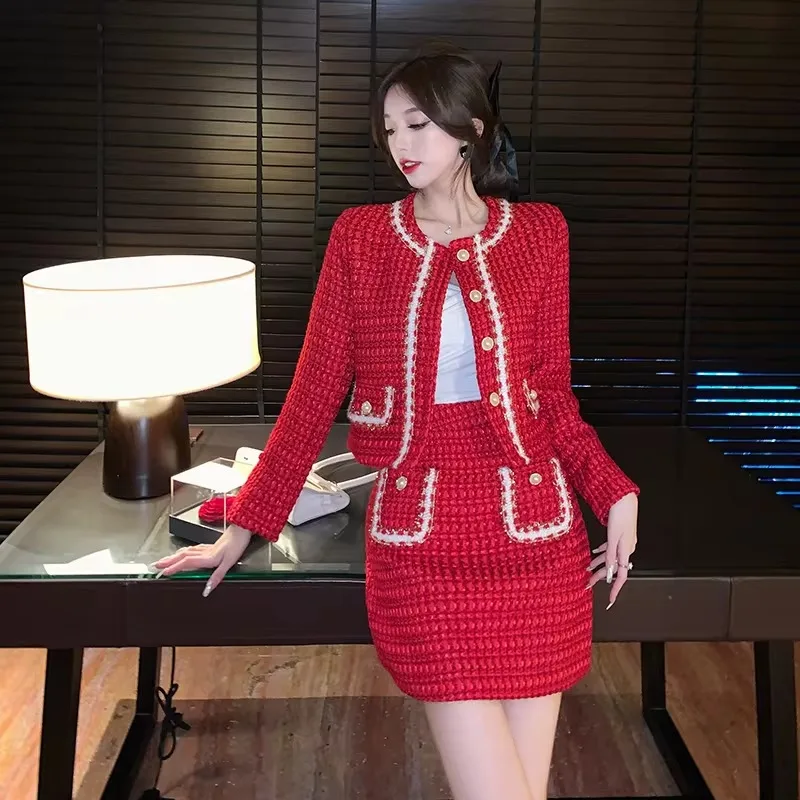 

Insozkdg Small Fragrance Wind Tweed Two Piece Set Women Red Temperament Outfit Cropped Coat+Mini Skirt Slim Fitting Elegant Suit