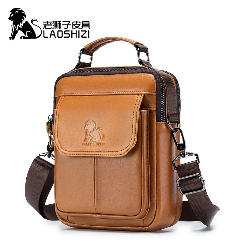 LAOSHIZI New Luxury Men's Genuine Leather Shoulder Bag Multifunctional Casual Crossbody Bag 100% Cowhide Men's Handbag