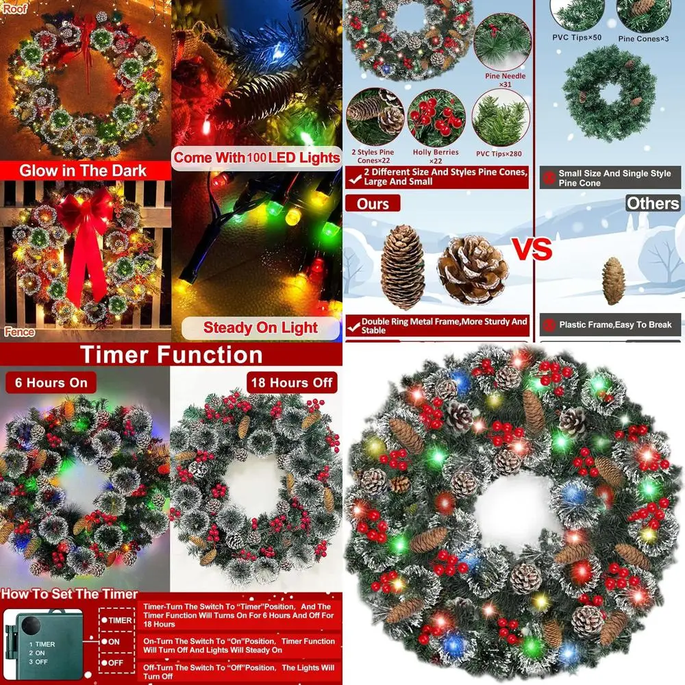 

Battery-Powered 30 Extra Large Christmas Wreath with 100 Lights, Timer, 311 Tips, 28 Pinecones, 110 Berries for Outdoor Front Do