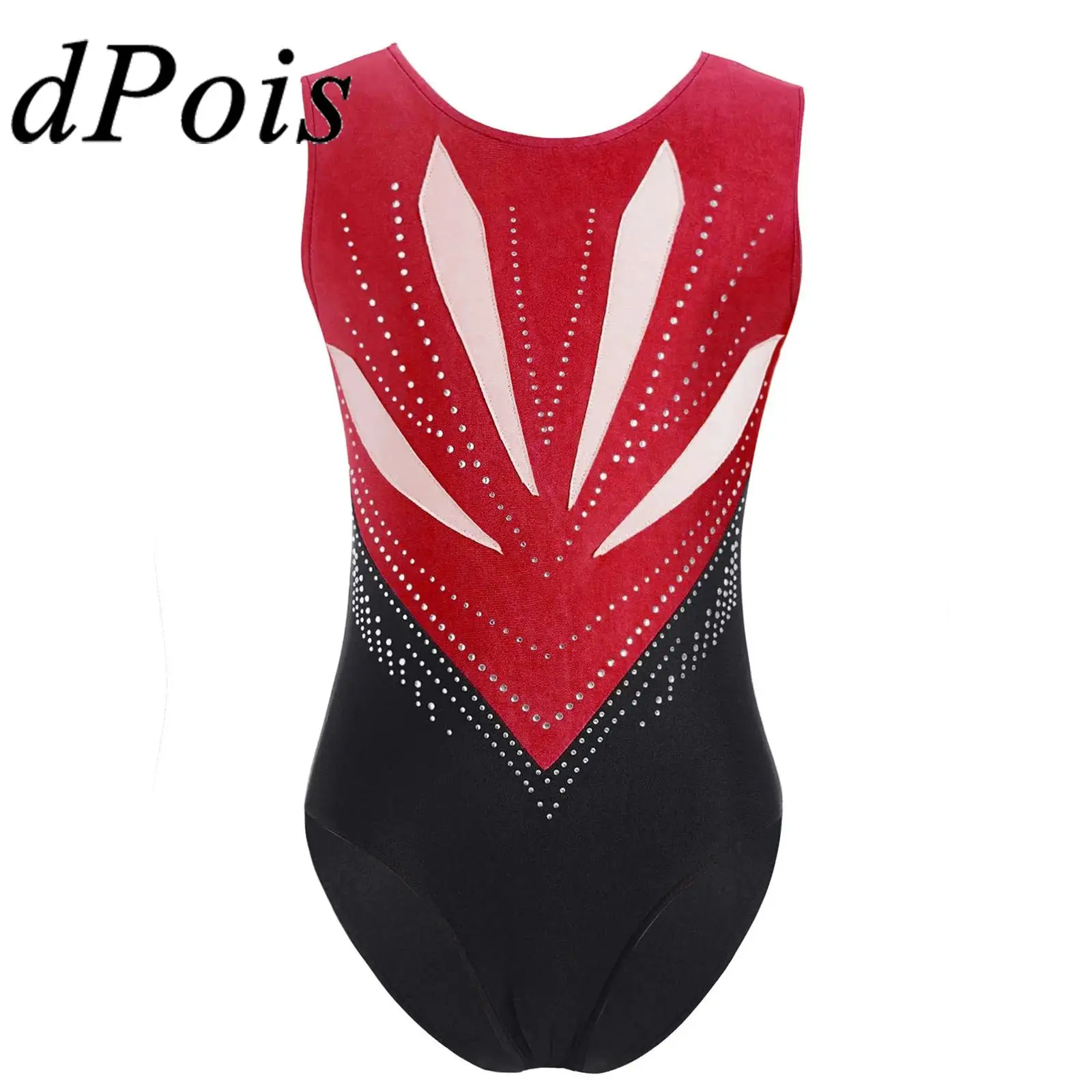 Girls Rhythmic Gymnastics Ballet Leotard Figure Skating Costume Kids Dance Wear Bowknot Cutout Back Sparkly Rhinestones Bodysuit