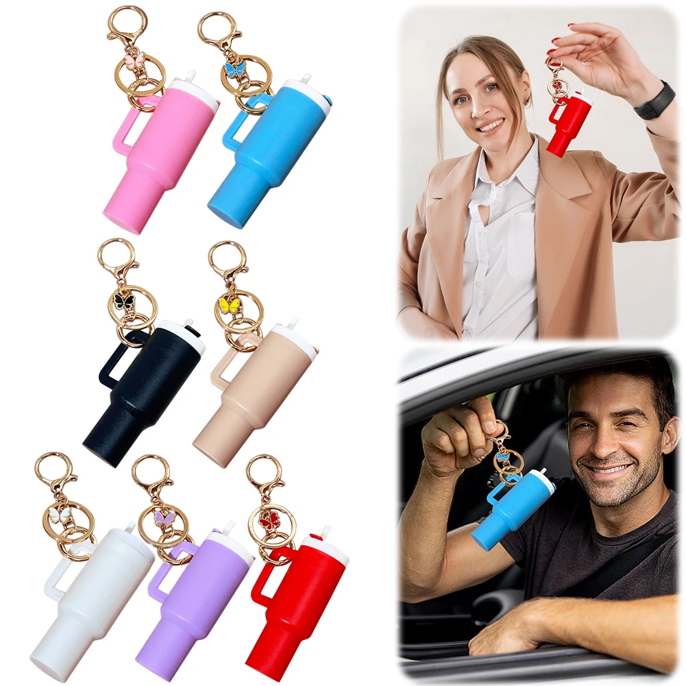 Mini Cup Keychain Butterfly Chapstick Holder Keychain Handbag Charms Key Ring for Stanley Water Bottle Accessories