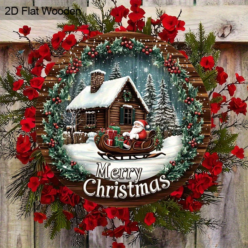 2D Flat, 1pc Merry Christmas Hanging Decoration - Retro Santa Claus Sleigh, Recycled Wood Round Wall Decor with Snowy Cabin, Eve