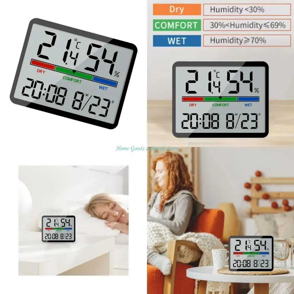 E74E Temperature Humidity Meter Desk Testing Meter with Time Date Display Large LCD
