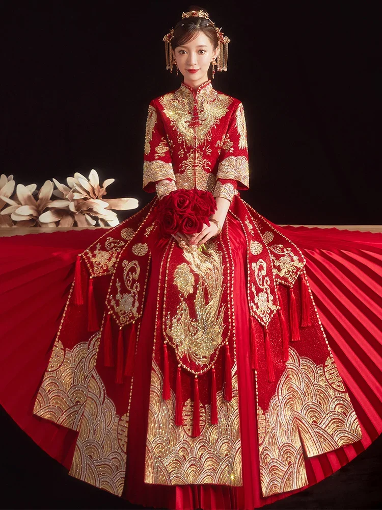 

Dress Xiuhe Women's Red Exquisite Gold Thread Embroidery Non-Slit Bridal Dragon and Phoenix Gown Retro Chinese Autumn and Winter