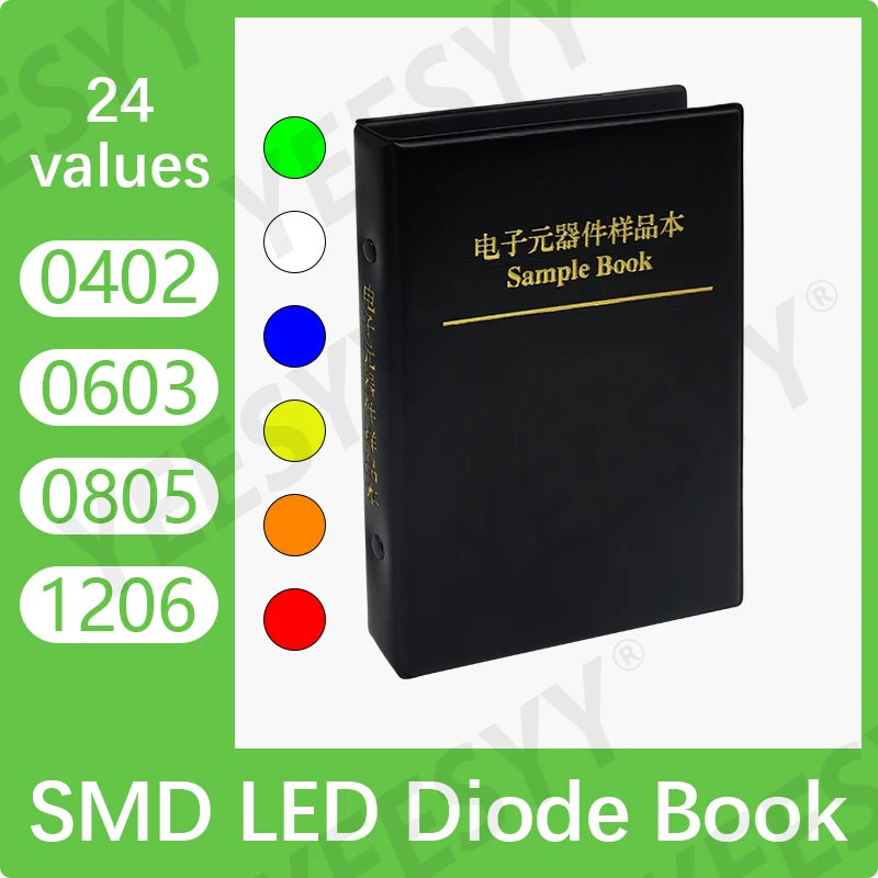 1200pcs SMD LED Sample Book 0402 0603 0805 1206 Red/Blue/Green/White/Yellow/Orange 24Values Light Emitting Diode Lamp Bead Kit