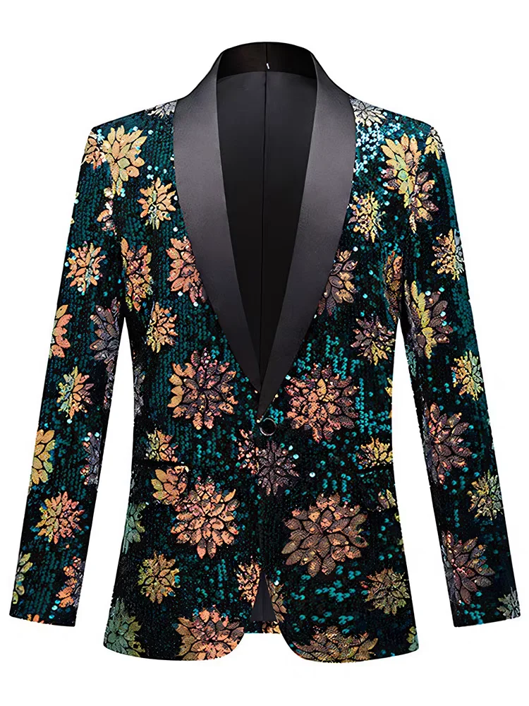 

Velvet Green Gold Flower Sequin Suit Festival Party Male Host Singer Ethnic Style Singer Dancer Stage Performance Costume