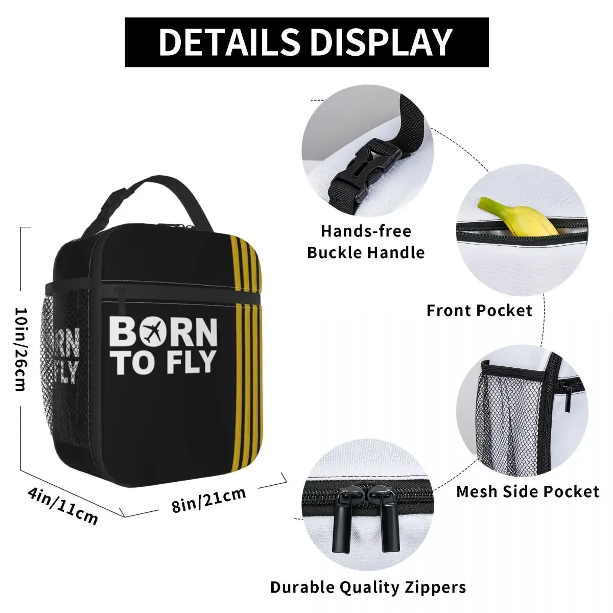 Born To Fly Captain Stripes Flight Pilot Lunch Boxes Multifunction Aviation Airplane Cooler Thermal Food Insulated Lunch Bag