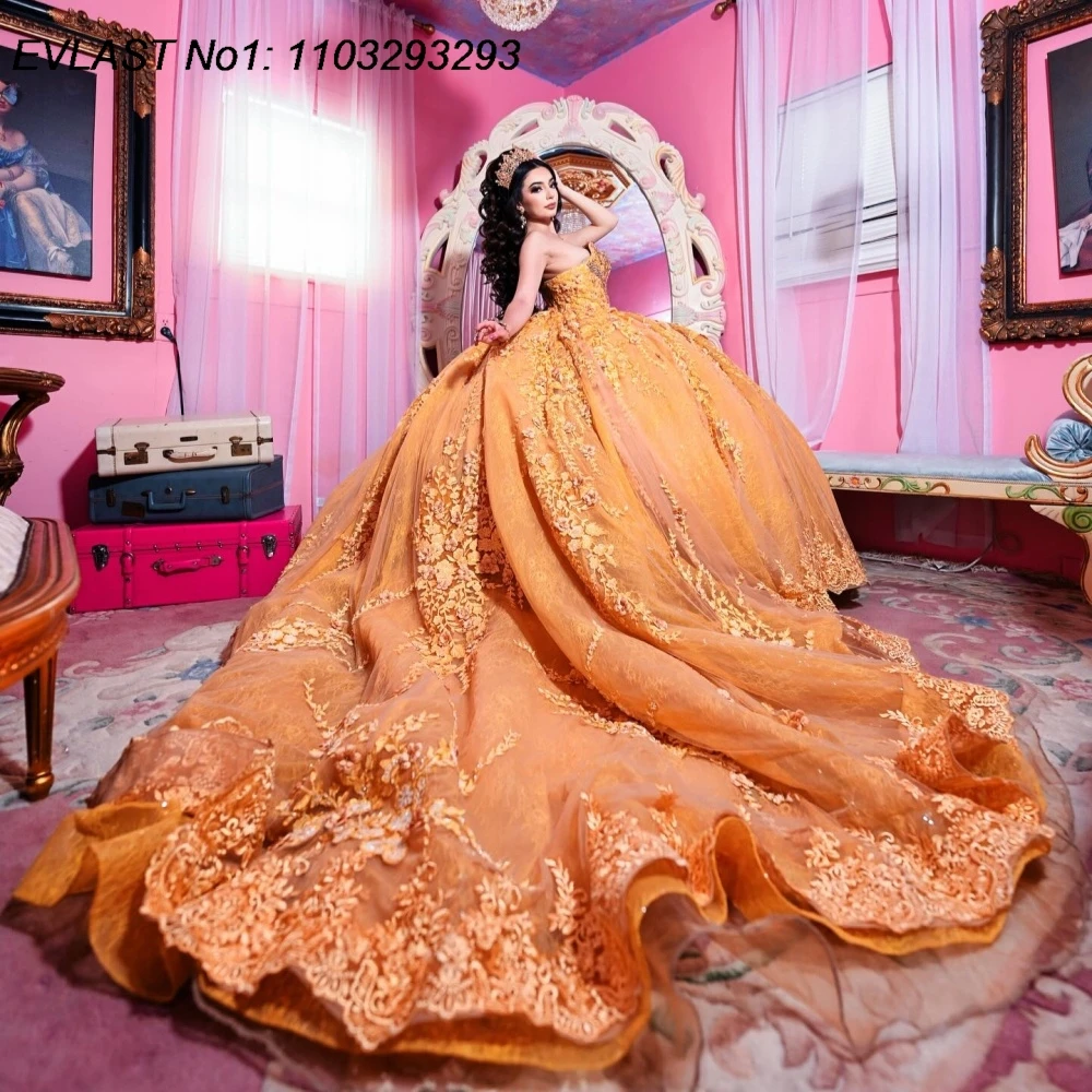 

EVLAST индивидуальное мексиканское золотое платье Quinceanera, бальное платье с цветочной кружевной аппликацией и бисером, Sweet 16, Vestidos De 15 Anos E1QN558