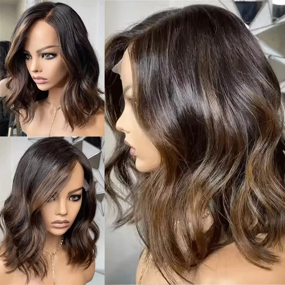 

Короткий волнистый парик с кудрями, темно-коричневый с блонд-отливами, из термостойких синтетических волокон, с кружевной передней частью, естественный вид, для повседневного использования и косплея