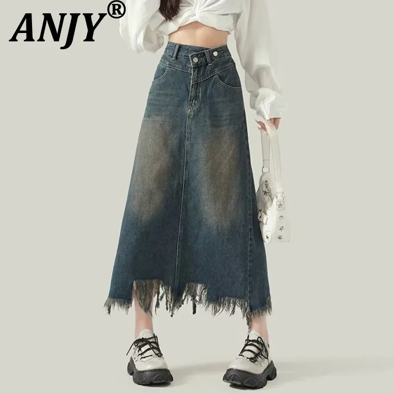 ANJY Autumn New Women Denim Skirt Frayed Hem Distressed High Waisted Slimming A-Line High Street Elegant Trendy Y2K Skirts A9698