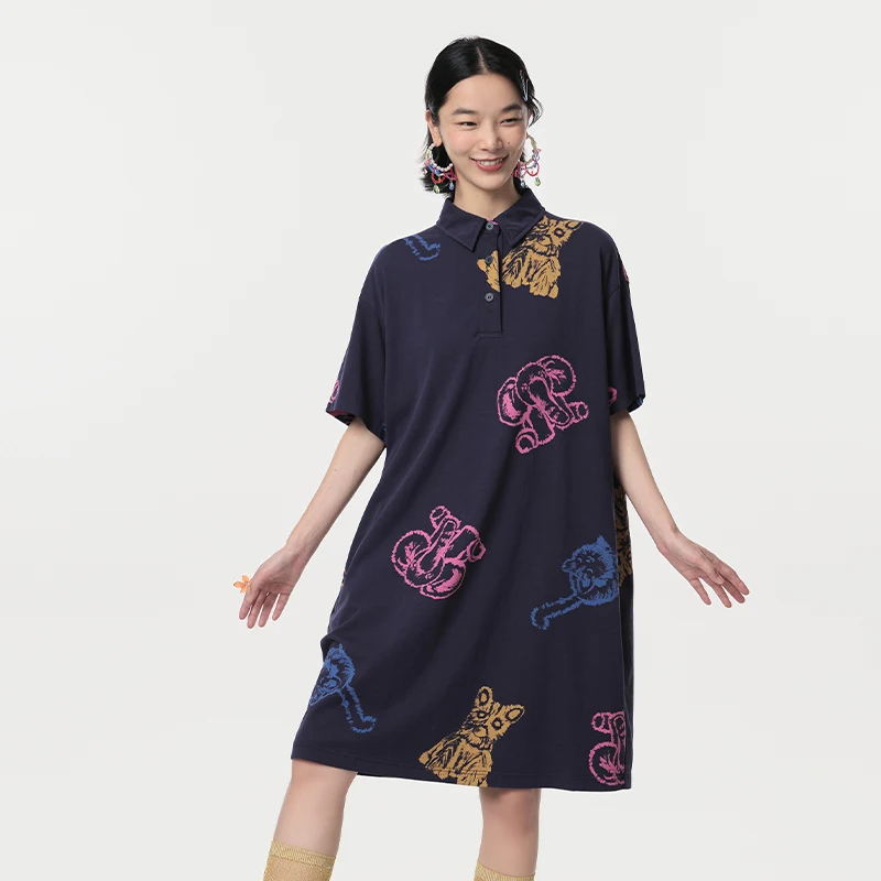 MOVEUP Short Sleeved Polo Collar Dress 2026 Spring New Pure Cotton Fun Contrast Animal Print Commuter Knitted Dress 324111328