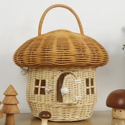 Rattan Mushroom Basket Cute Handwoven Willow Wicker Picnic Basket Outdoor Women Tote Straw Bag Kids Storage Children Organizer