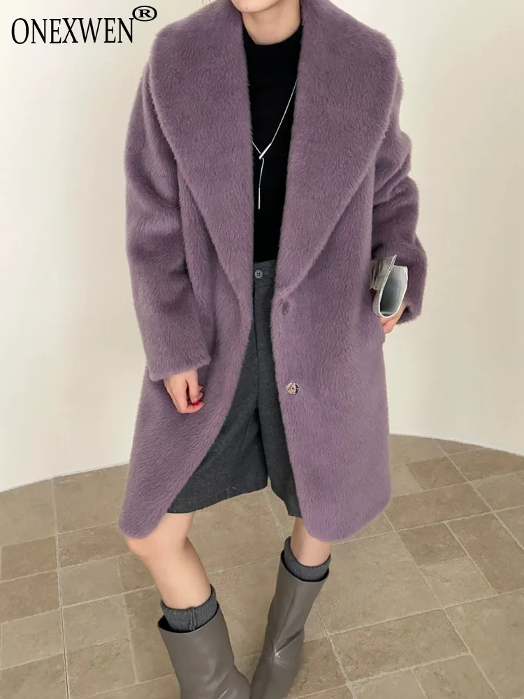 ONEXWEN Women Fur Coat Luxury Shawl Lapel Single Breasted Warm Overcoat Loose Winter Purple Outerwear With Pockets RU108