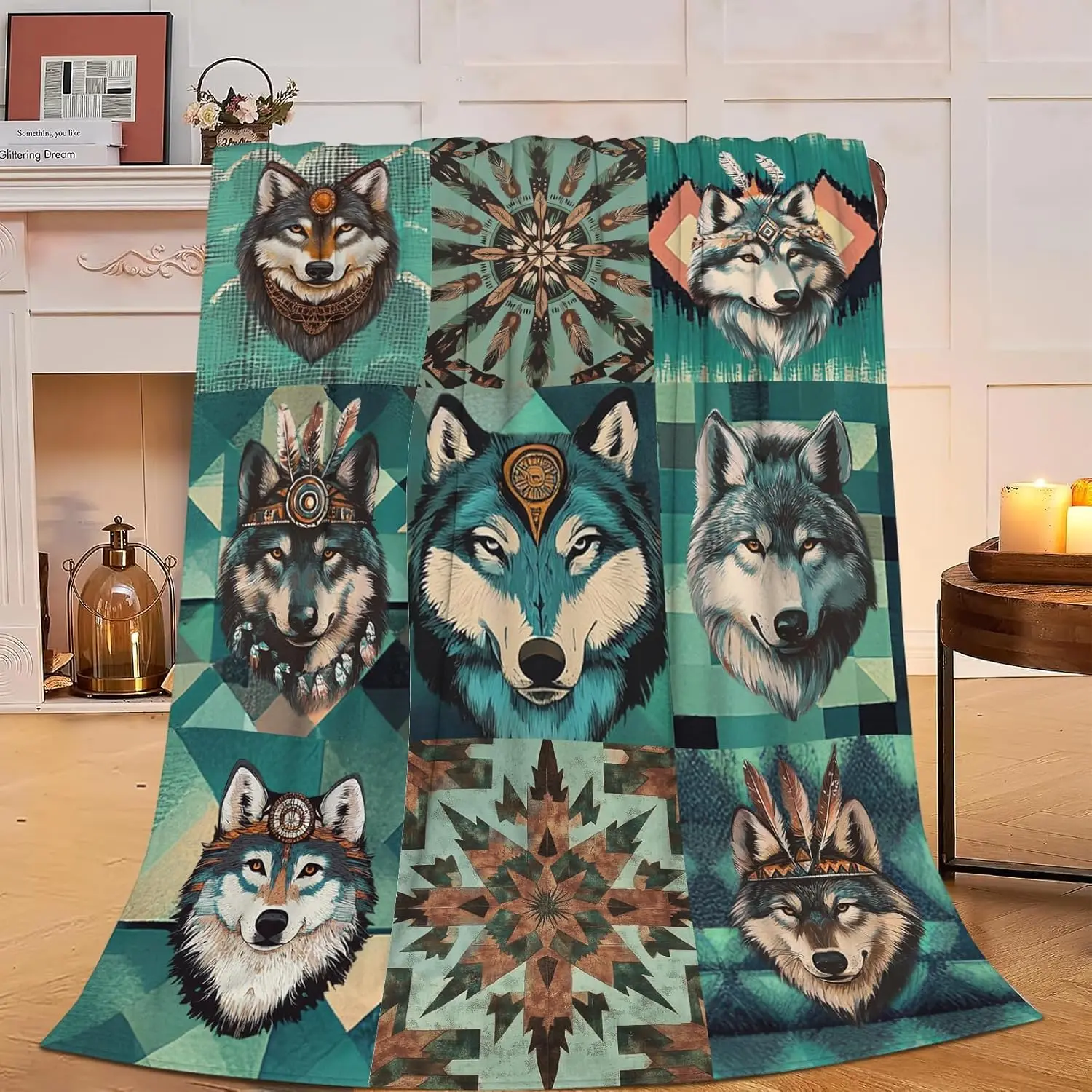 Wolf Blanket Cozy Soft Teal Wolf Flannel Plush Throw Blanket Warm Fluffy Wolf Wild Animal Fleece Bedding Stuff Decor Blanket