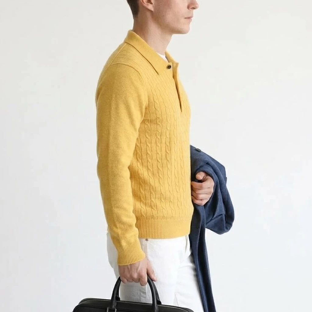 Neue Kabelstrick-Polopullover für Herren, Langarm, lässig, mit Knopfleiste, Vintage-Pulloverhemd, schmal geschnitten, gerippt, Winter-Reversoberteil – Detail 14