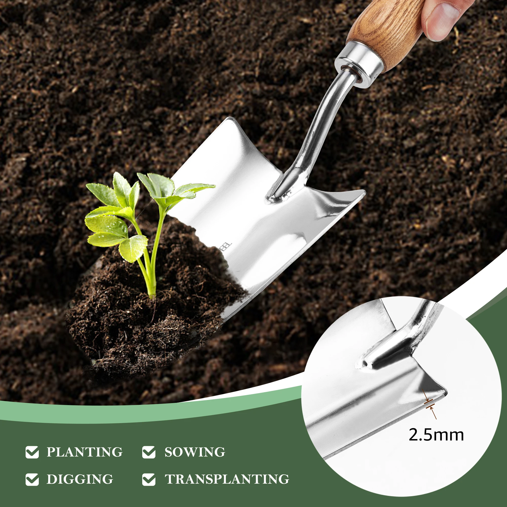 Spatola da giardino EZARC, pala a mano in acciaio inossidabile per giardinaggio, vanga da giardino con manico in legno per il trapianto