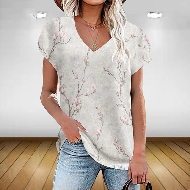 Camiseta con estampado Floral para mujer, Tops básicos de verano con cuello en V y estética de plantas, jersey de gran tamaño con estampado 3d