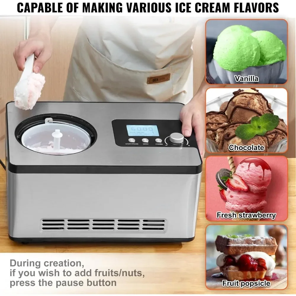 Automatic Ice Cream Maker with Built-in Compressor, 2 Quart No Pre-freezing Fruit Yogurt Machine,3 Modes with LCD Display &Timer