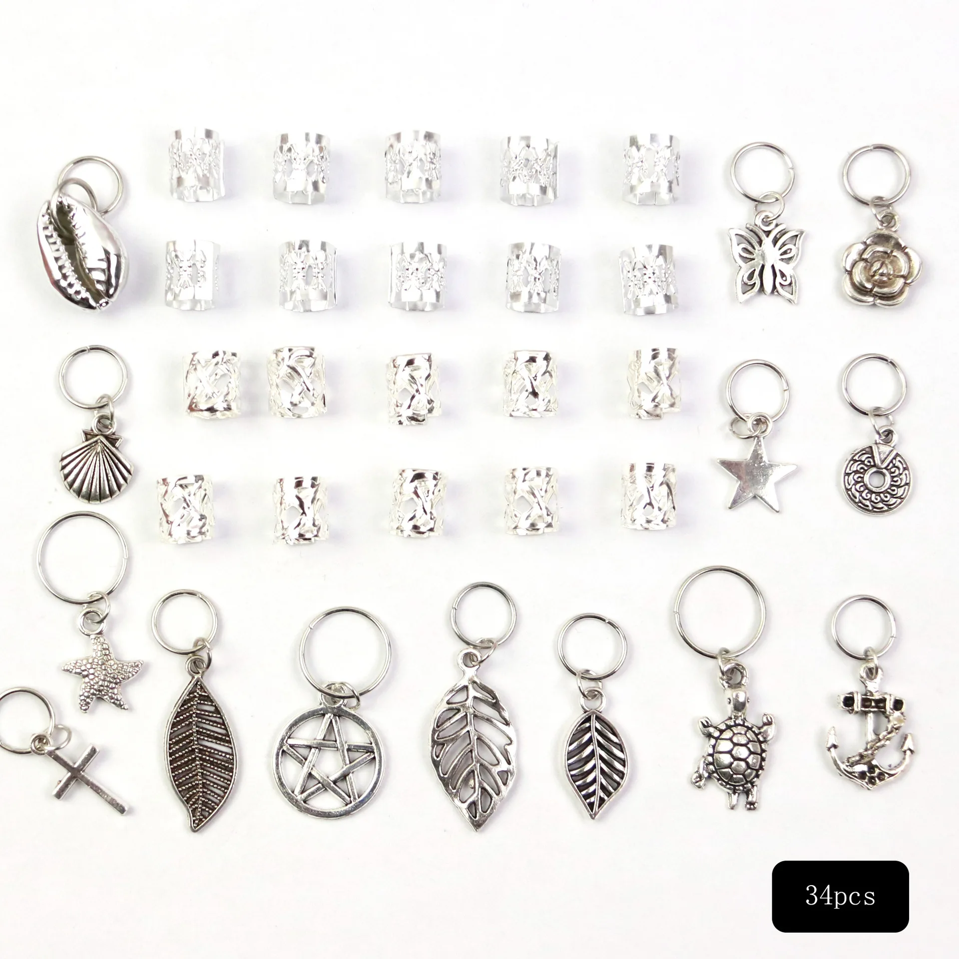 Dreadlock Hair Braid Rings Alloy Tibetan Silver Tone Leaf Cross Shell Charms for DIY Wig Headband Bracelet Accessories