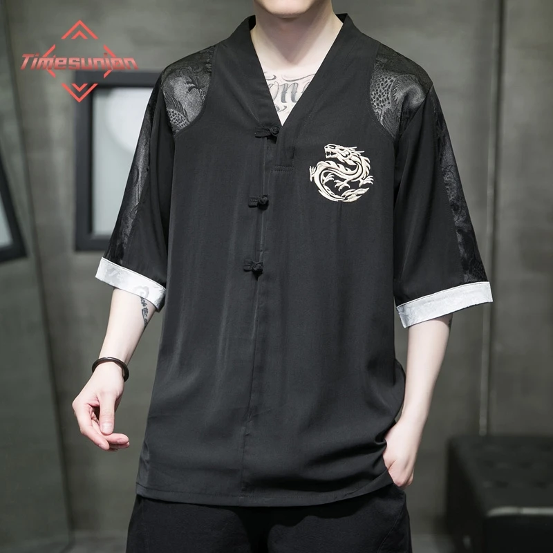 Chinese Men's T-shirt Dragon Embroidery Cotton Loose Tops Traditional Kung Fu Martial Arts Clothing Original Tang Suit Tops