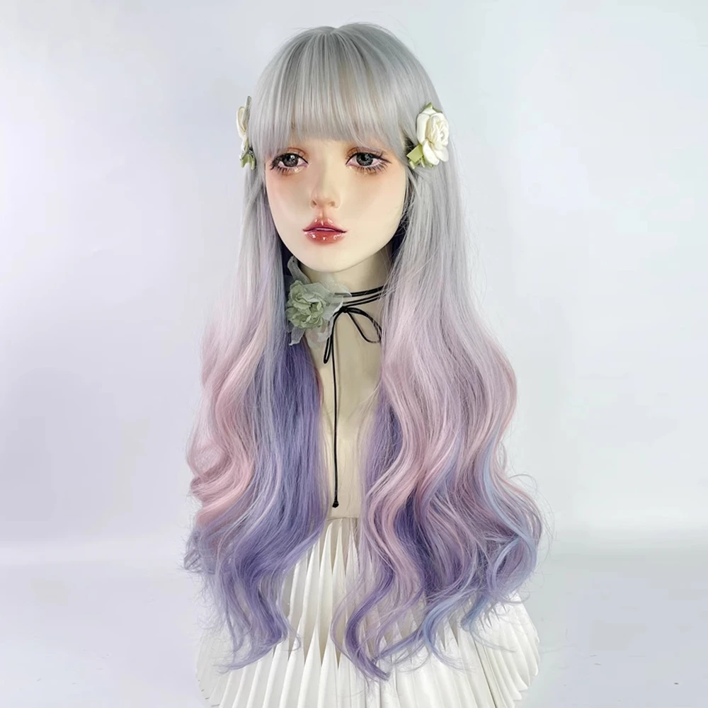 Lolita Ombre Pink Purple Gradient Rainbow Synthetic Long Wavy Women Wig with Bangs Fluffy Hair Wig for Party Cosplay