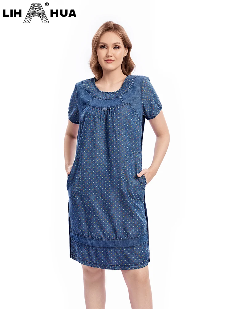 LIH HUA feminino plus size denim vestido verão casual algodão tecido manga curta em torno do pescoço vestido