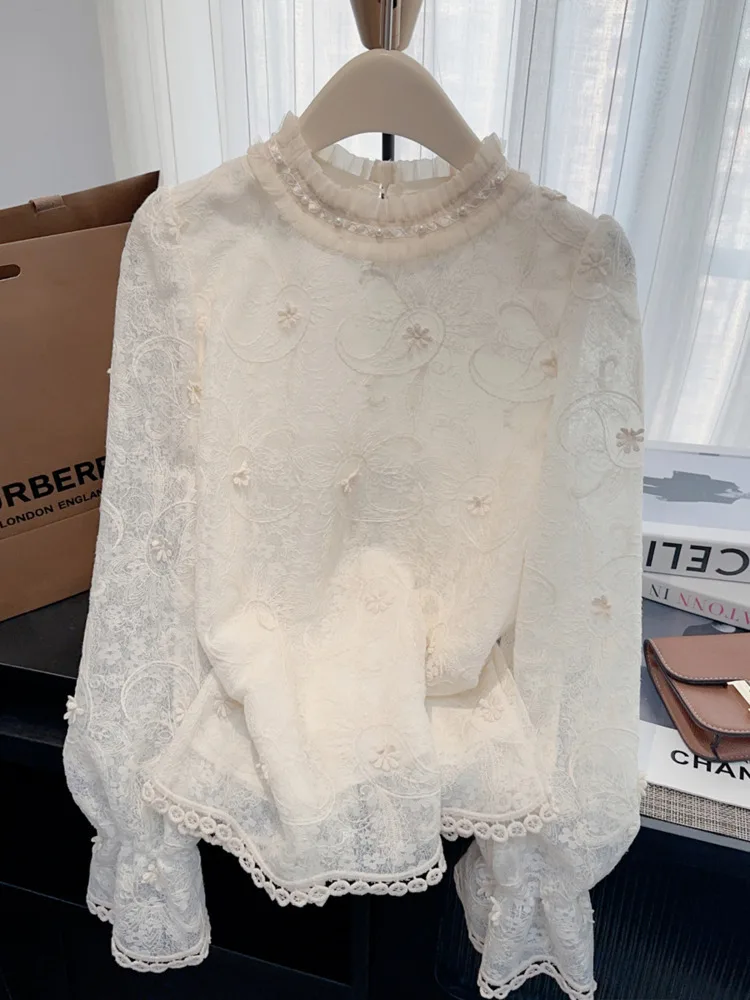 

2025Early Autumn New Lace Trim Hollow Long Sleeve Korean Shirt Sweet Puff Sleeve Niche Versatile Top Fashion Tops Kawaii Clothes