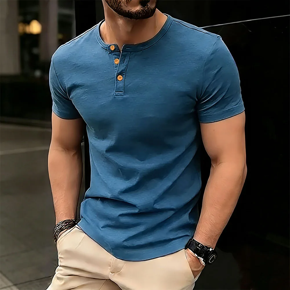 Sommer Herren Baumwoll-T-Shirt Einfarbig Atmungsaktiv Weicher Stoff Oberteile Kurzarm Henley-Ausschnitt Männliches Casual Basic Bequemes T-Shirt – Detail 6