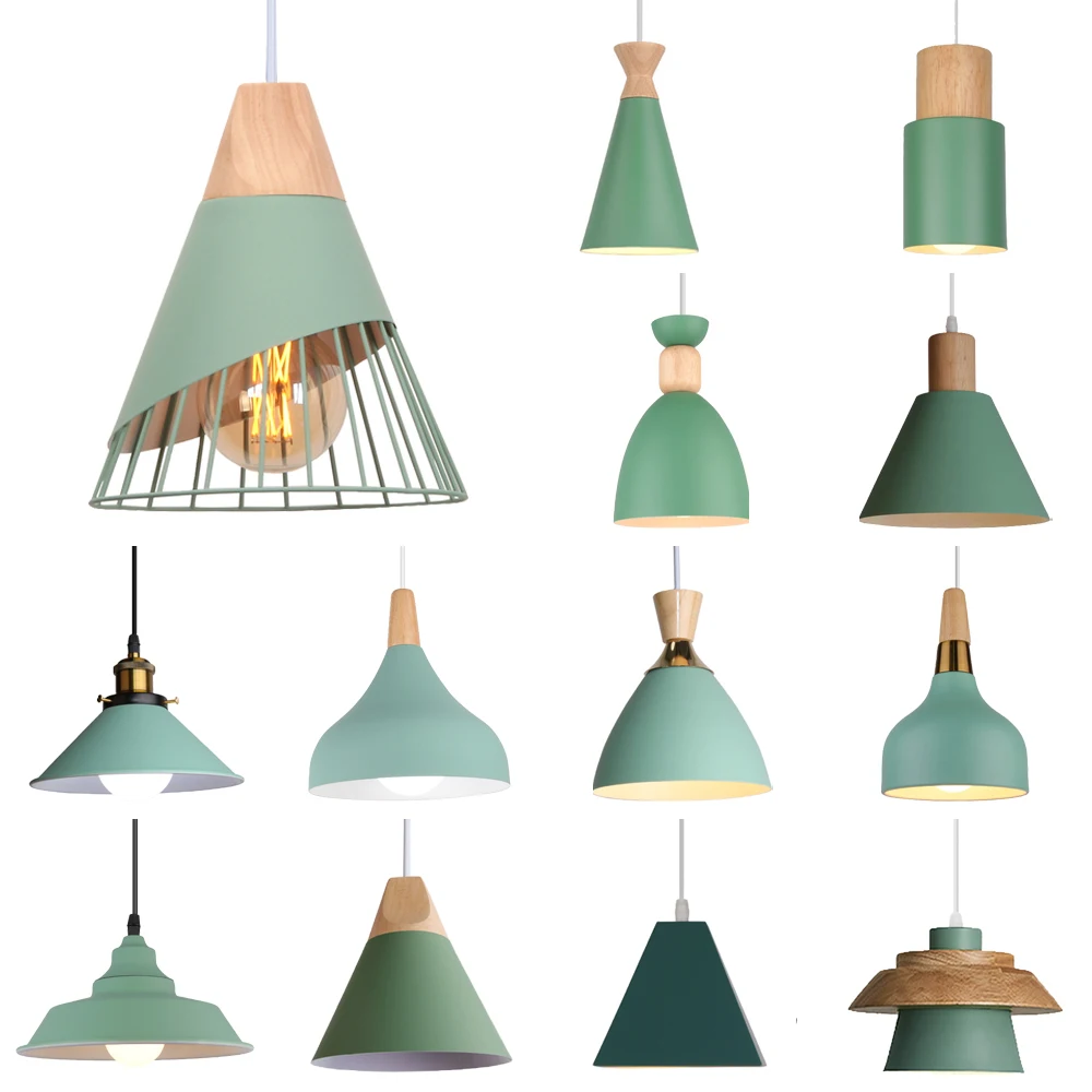 

Green Wood Pendant Lights Nordic Modern Hanging Lamp Shade Kitchen Living Room Indoor Lighting Fixtures LED Loft lampara techo