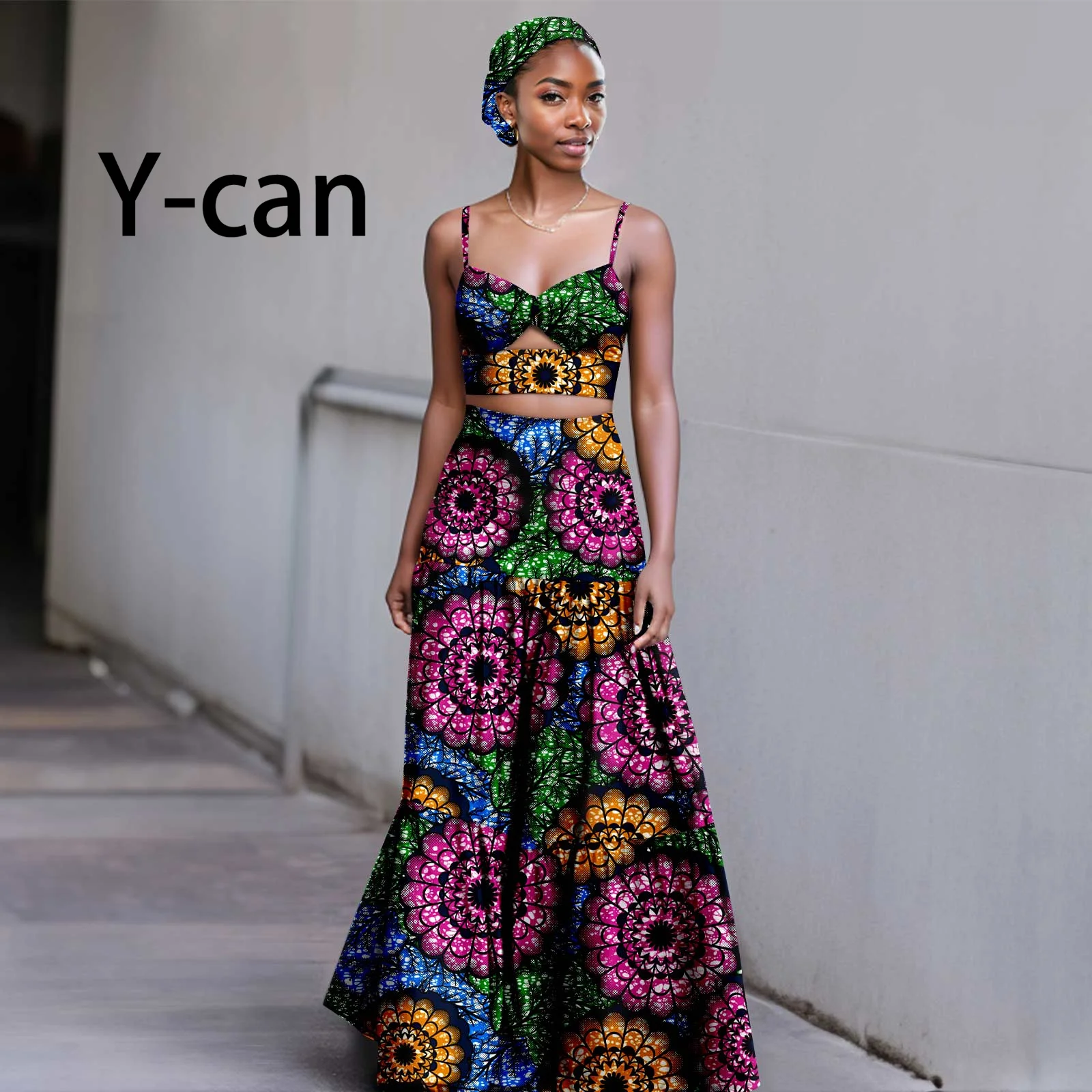 Two Piece Set African Women Dress Dashiki Floral Print Tops Skirt Match Turban Headwrap Party Wedding Vestidos Outfits Y2326012