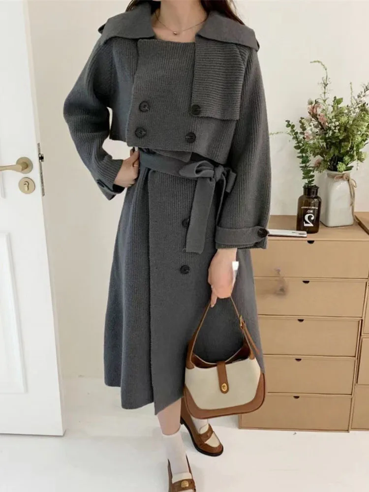 LANMREM Korean Style Knitted 2 Piece Set Women Short Jackets Sleeveless Belt Gathered Waist Dresses 2023 Winter New 2AA4290