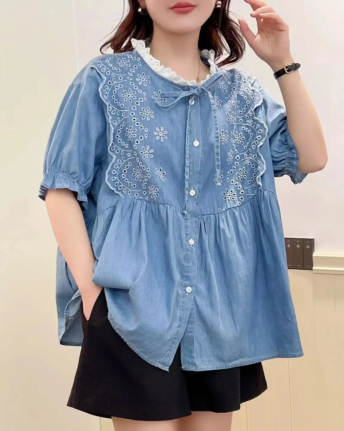 Large Size Tops Japanese style sweet lace patchwork denim shirts and blouses women embroider hollow out jean shirts