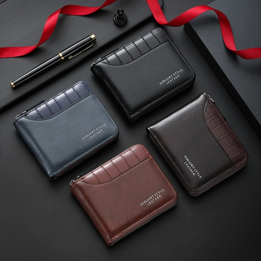 Vintage Men's Short Wallet PU Leather Zipper Folding Wallets Splicing Stone Pattern Large Capacity Coin Purse Multi Card Holder