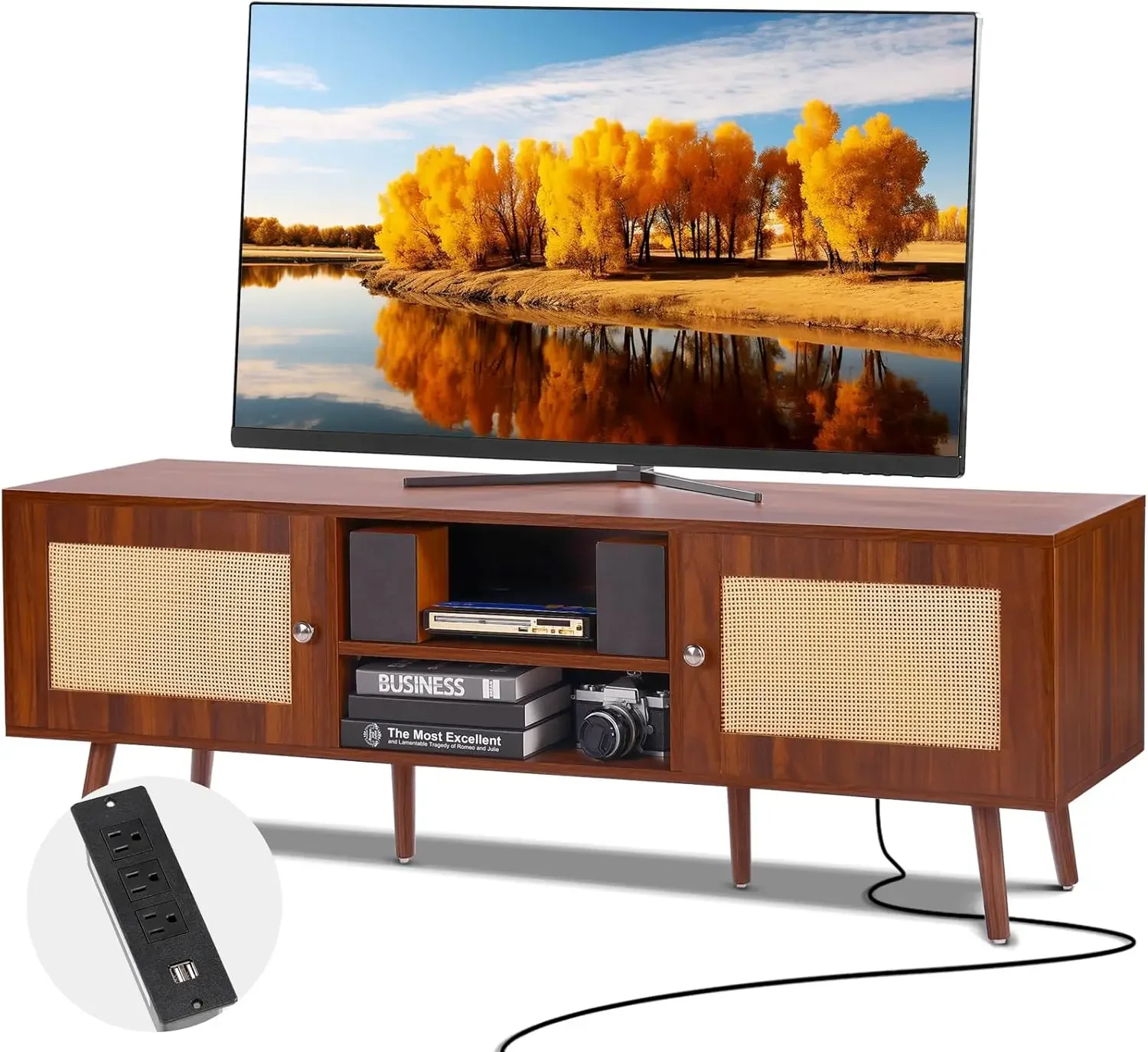

Rattan TV Stand, Mid Century Modern TV Stand for 65 inch TV, Boho Rattan TV Cabinet with Build-in Socket and USB Ports