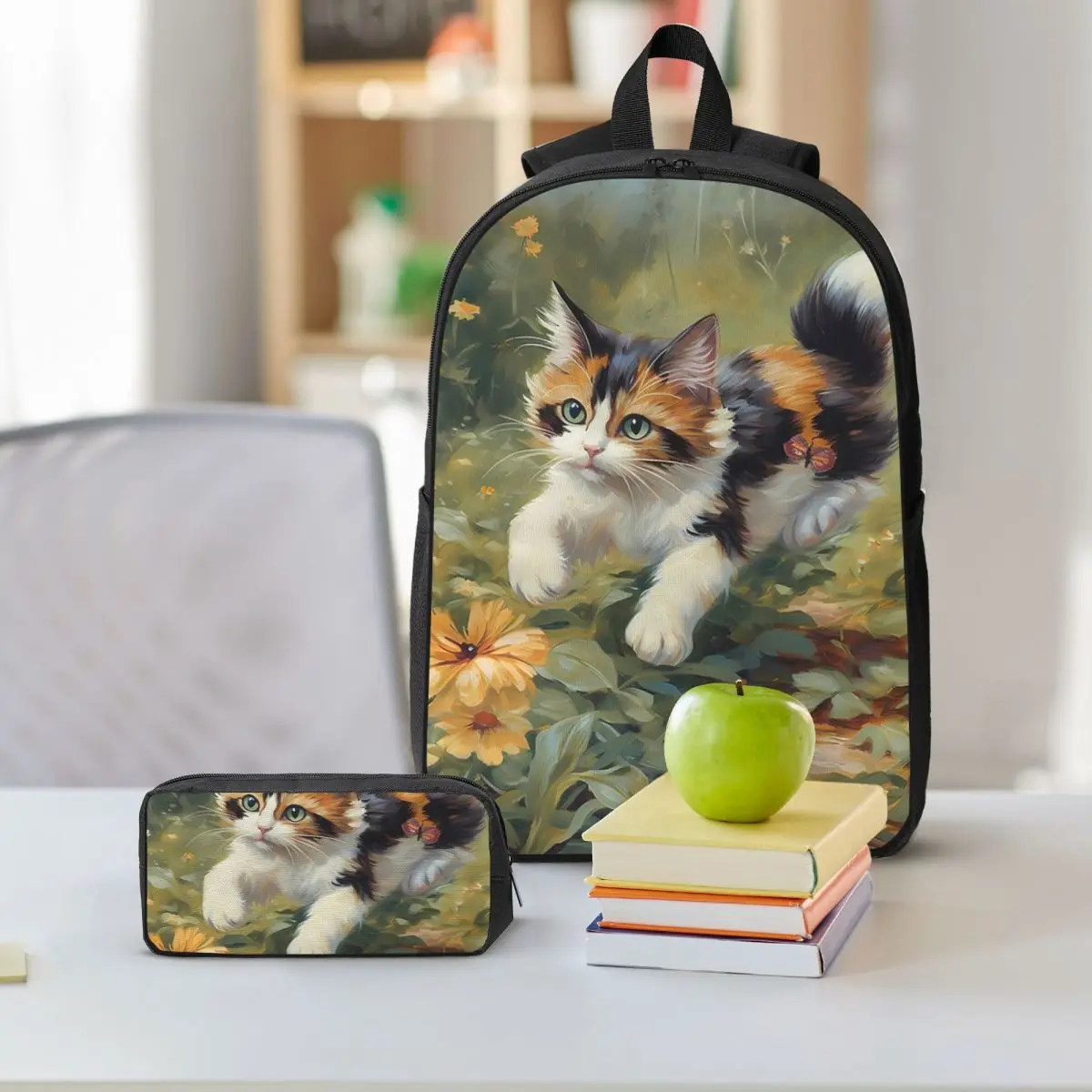 Calico Kittens Among Butterflies In Grass Backpack Student BookBag School Bag Shoulder Bags 3ps Insulated Lunch Bag Pencil Case
