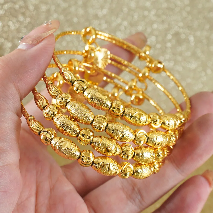 Gold Textured Bead Adjustable Bangle Hypoallergenic Stackable Bracelet With Sun Charm Women Fashion Jewelry Gift