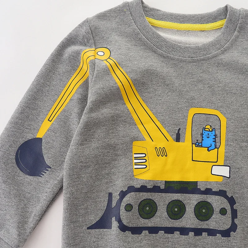 Boys 100% Cotton Hoodies Sweatshirts Pullover Tops Cartoon Excavator Print Long Sleeve Crew Neck Kids Sweatshirt