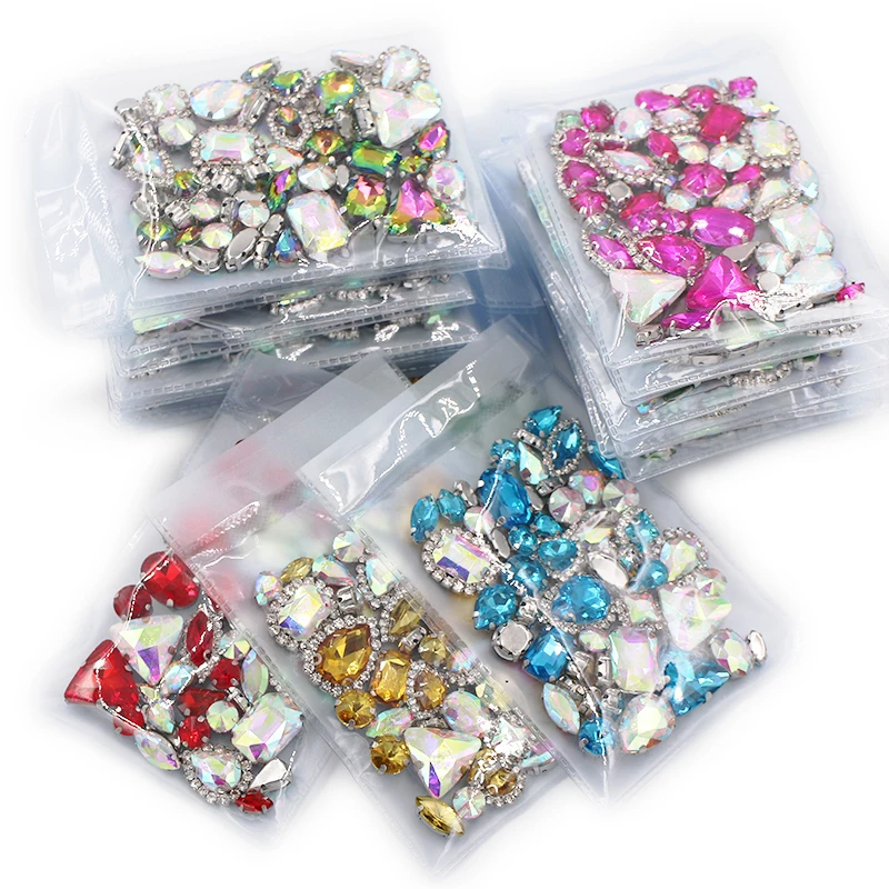 50pcs/bag mixed shape crystal glass rhinestones Green  AB faltback sew on rhinestones diy clothing accessories