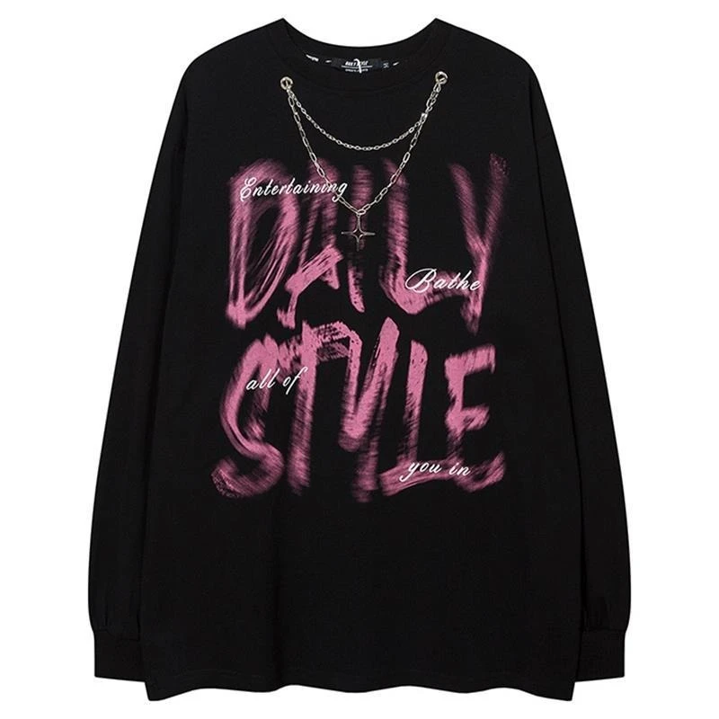 الأمريكية خمر جولة الرقبة تي شيرت إلكتروني نمط لون نقي ثقافة فرعية طويلة الأكمام فضفاضة حار نمط الهيب هوب بلوزة 2025 الخريف #1