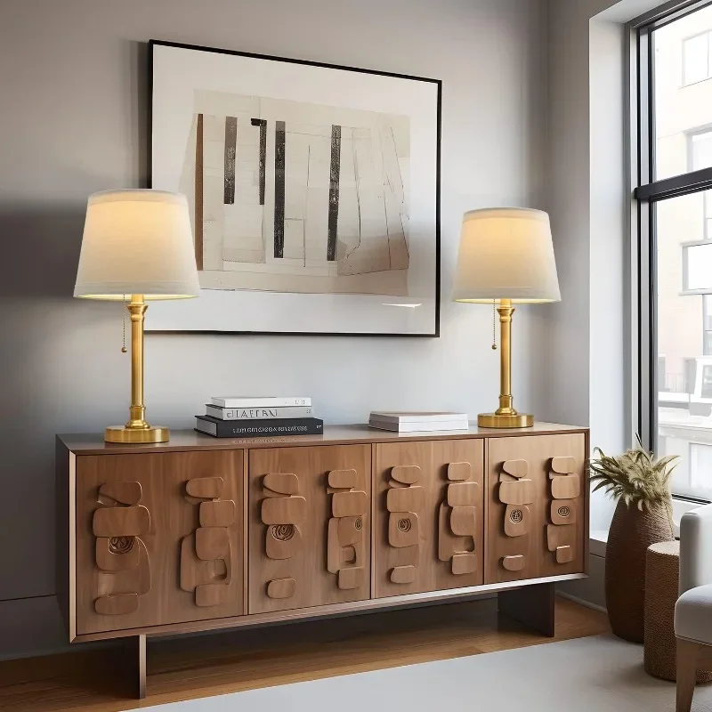 Vintage Gold Brass Nightstand Lamp - 19.5" Candlestick Desk Light with White Fabric Shade for Bedroom, Hotel, Living Room