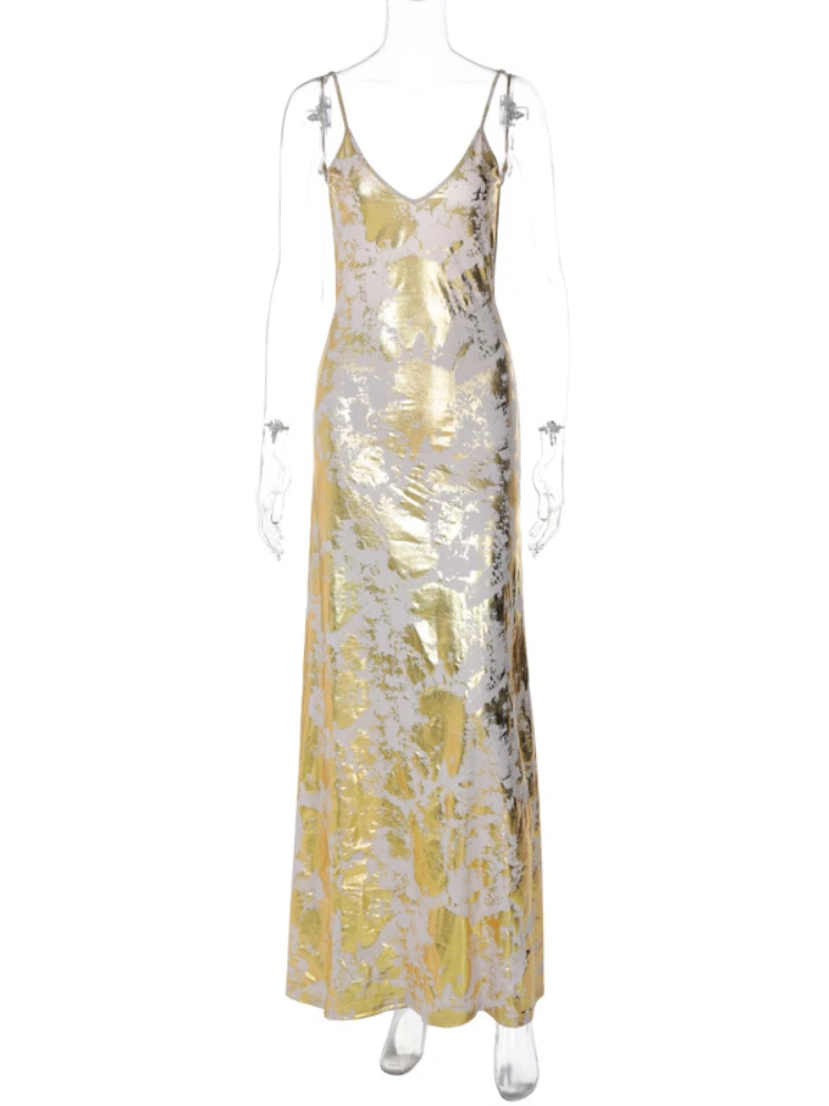 Sexy Spaghetti Strap V Neck Gold Stamping Bodycon Maxi Dress Women Backless Sleeveless Long Dress Evening Club Party Vestidos