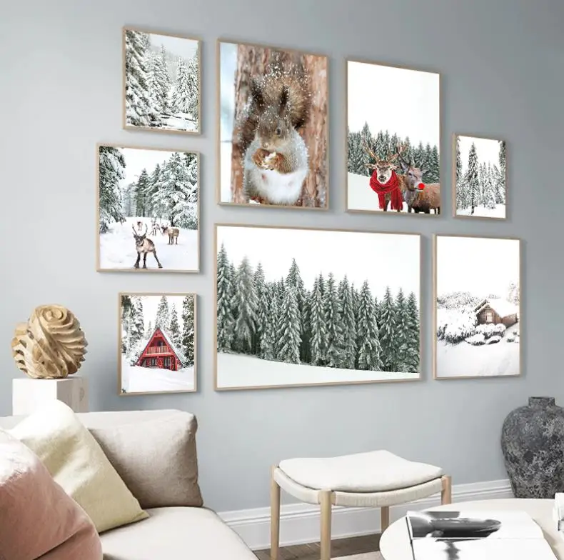 مطبوعات ملصقات الغابات الشتوية أرض العجائب ، لوحة قماشية لأيل الرنة والصنوبر الراتينجية ، فن جداري للمناظر الطبيعية ، ديكور صور عيد الميلاد
