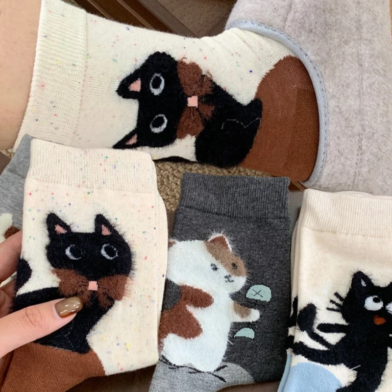 

1/4 пары мягких хлопковых носков с принтом кота, повседневные носки с милым мультяшным принтом, носки до середины икры, осенне-зимние теплые носки-тапочки