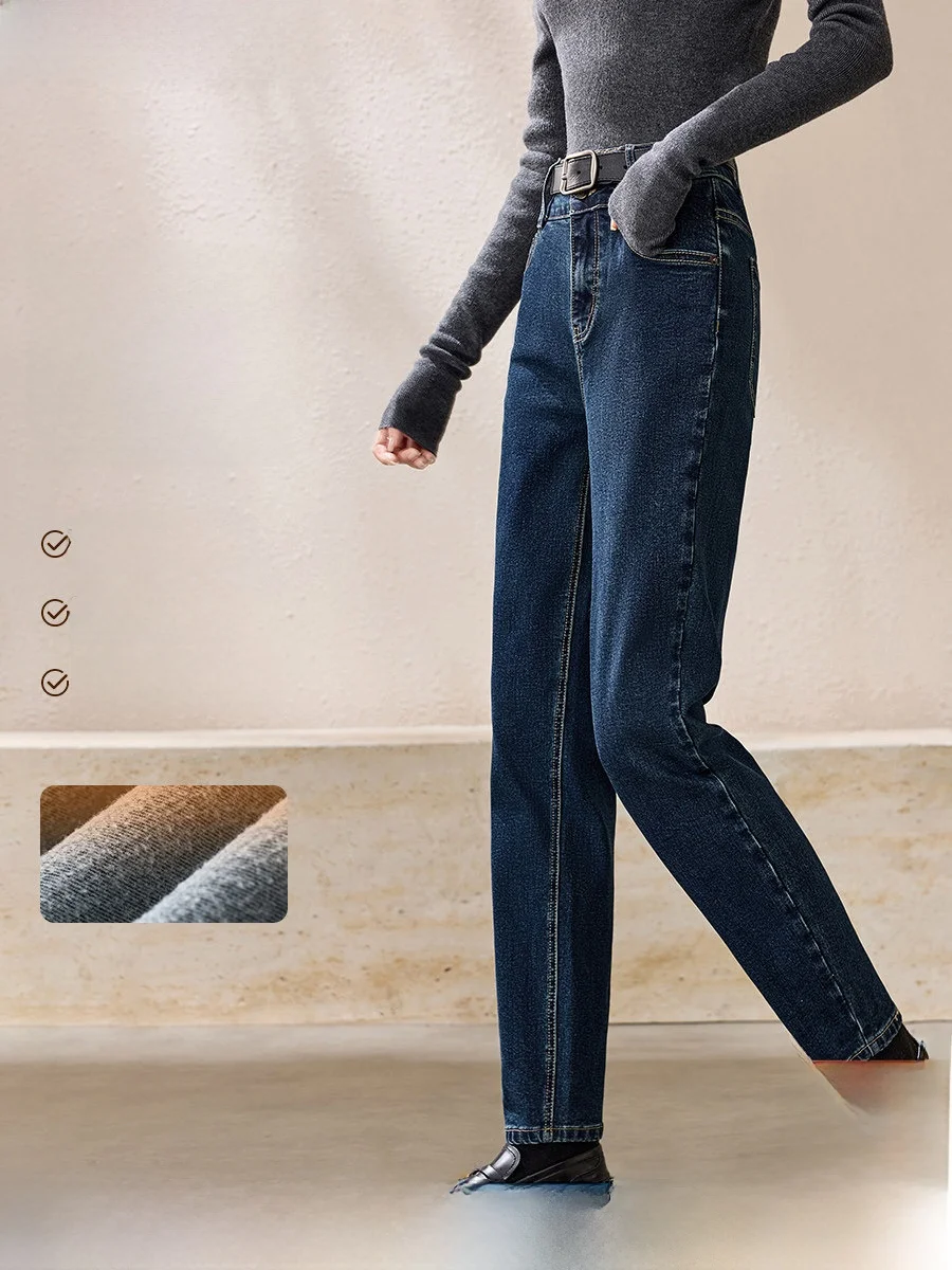 

Теплые облегающие джинсовые брюки на подкладке с эластичной резинкой, женские хлопковые джинсы на осень-зиму с талией, уютные брюки от Mo Han Mei