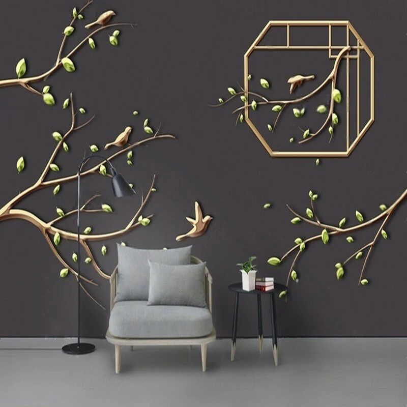 Modern and simple embossed metal branches flying birds ironwork decoration TV luxury home decoration background wall